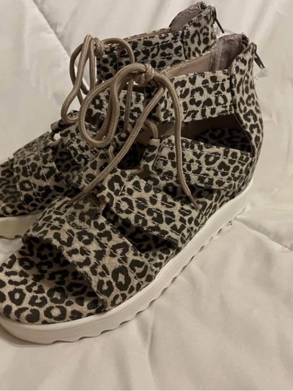 Very G Leopard Print Lace-Up Platform Sandals - Taupe/Black 7.5M